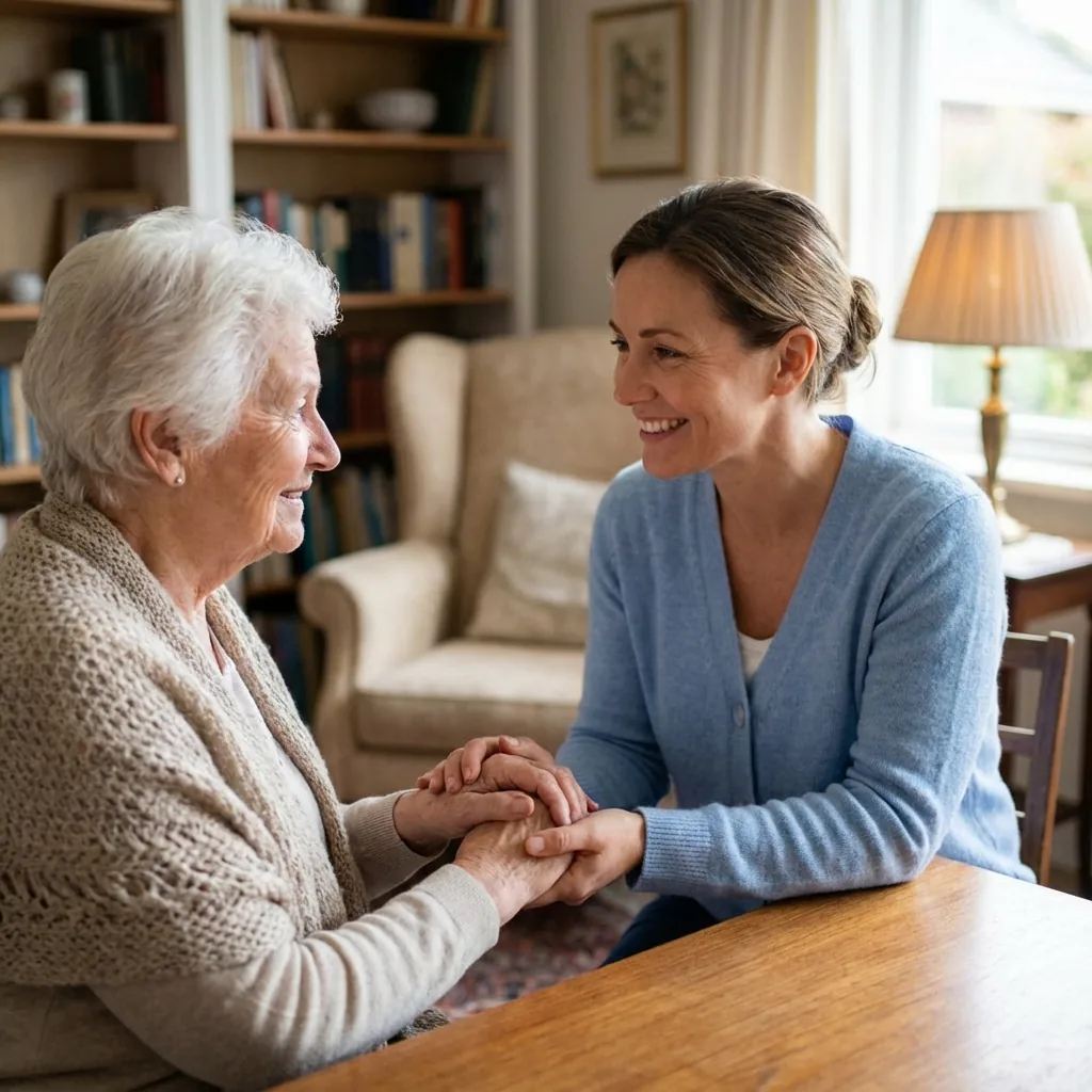 Empathetic caregiver helping elderly lady drink tea